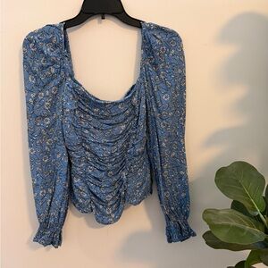 Astr Blue Floral Ruched Blouse